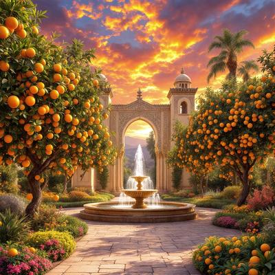 The primary subject of the image is a fountain surrounded by orange trees. The setting is a garden with a palace in the background. The visual style is a digital art, creating a vibrant and lively atmosphere. The dominant colors are orange and green, with the orange trees being the main focus of the scene.